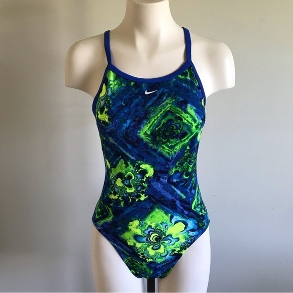 90s Vintage Nike One Piece Bathing Swim Suit Blue Neon Green Size Small - Picture 9 of 9